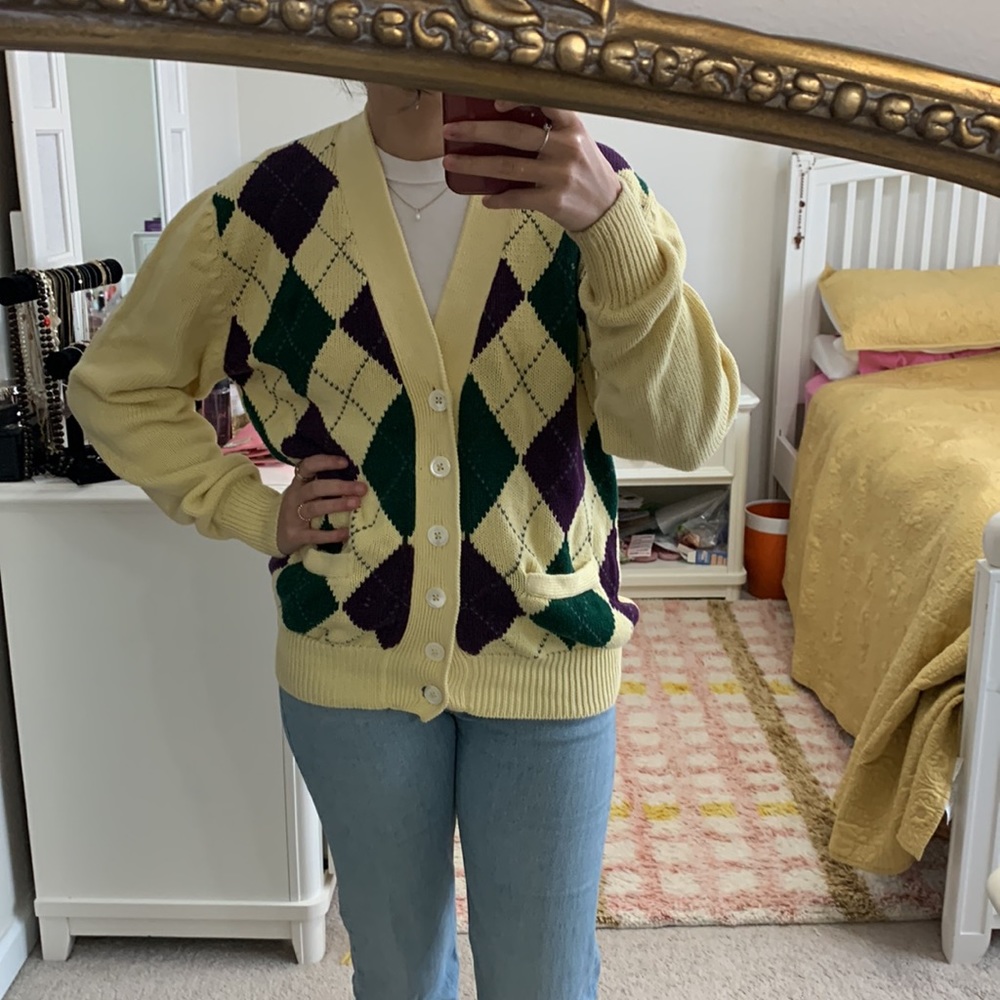 Vintage Nordstrom Cardigan S Button Front Sweater Argyle Knit Colorful Vneck